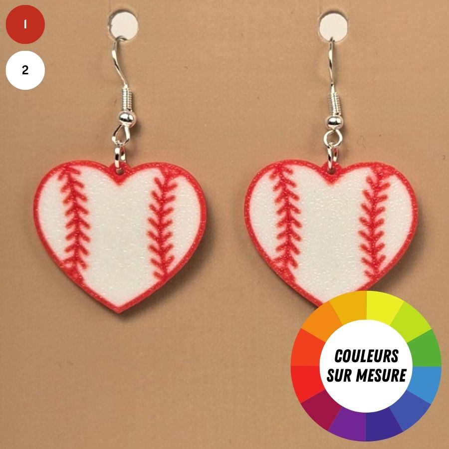 Boucle d'oreille en forme de Baseball Cœur avec crochets hypoallergéniques sans nickel