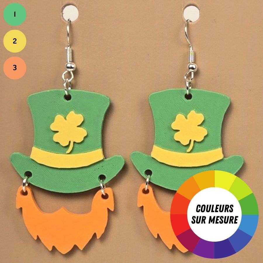 Boucle d'oreille en forme de chapeau barbe trèfle 4 feuilles porte-bonheur avec crochets hypoallergéniques sans nickel
