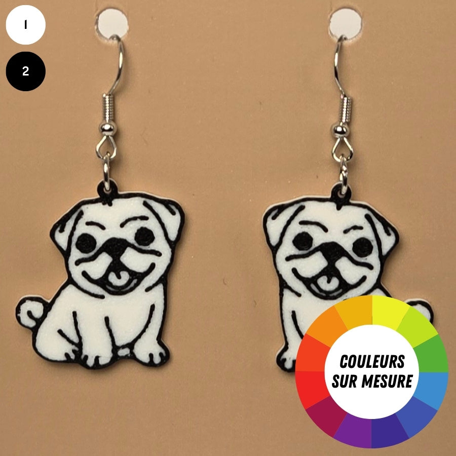 Boucle d’oreille en forme de Chien Pug avec crochets hypoallergéniques sans nickel