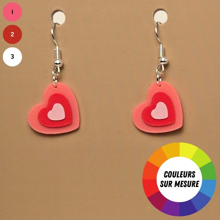 Boucle d'oreille en forme de Coeur imprimée en 3D avec crochets hypoallergéniques sans nickel