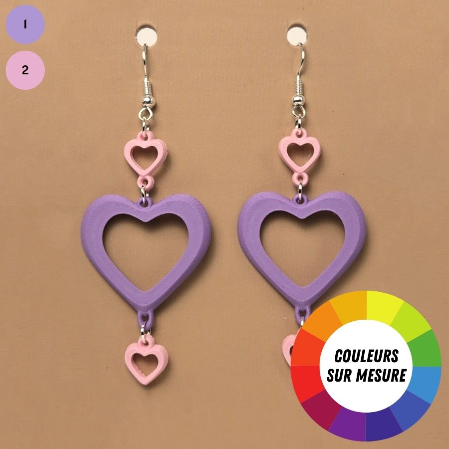 Boucle d'oreille en forme de Coeur imprimée en 3D avec crochets hypoallergéniques sans nickel