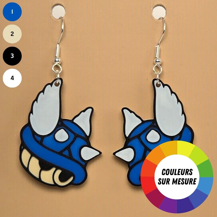 Boucle d'oreille en forme de Coquille bleue inspirée de l’univers Nintendo avec crochets hypoallergéniques sans nickel