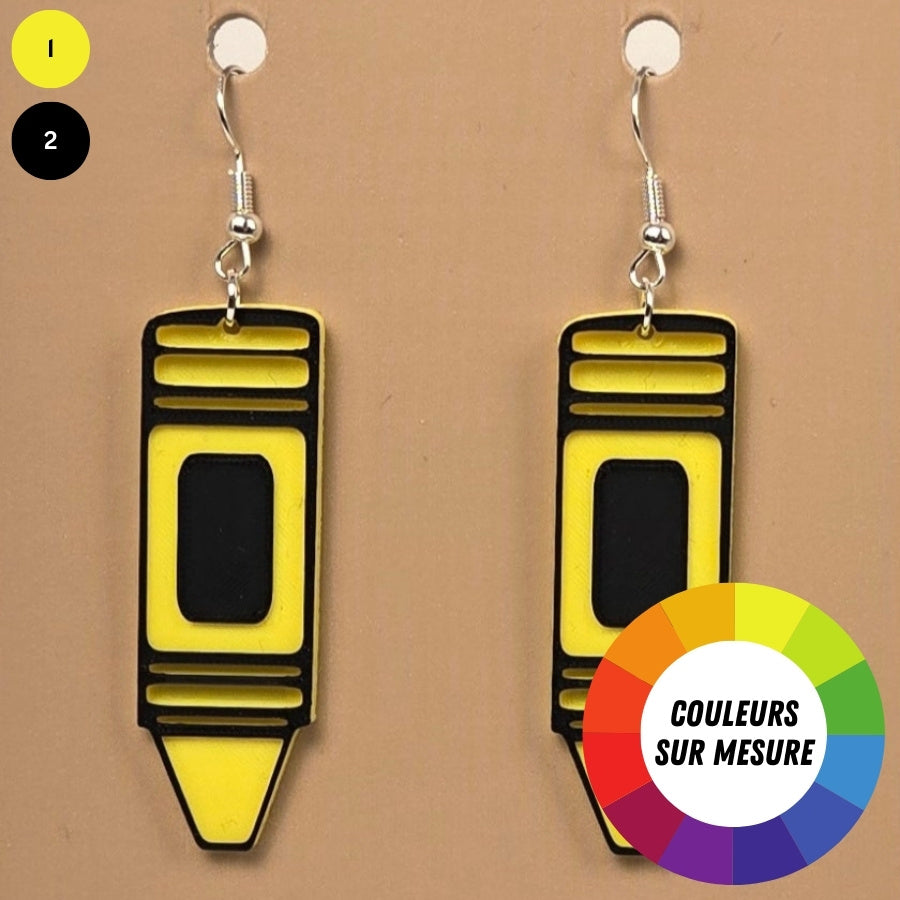 Boucle d'oreille en forme de Crayon couleur avec crochets hypoallergéniques sans nickel