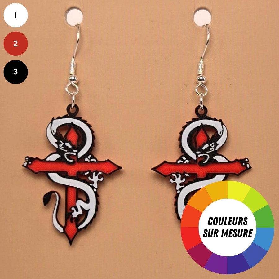 Boucle d'oreille en forme de Croix Dragon avec crochets hypoallergéniques sans nickel