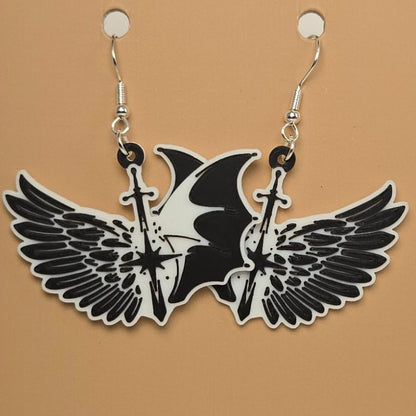 Boucle d'oreille en forme de Aile Ange et Demon avec crochets hypoallergéniques sans nickel