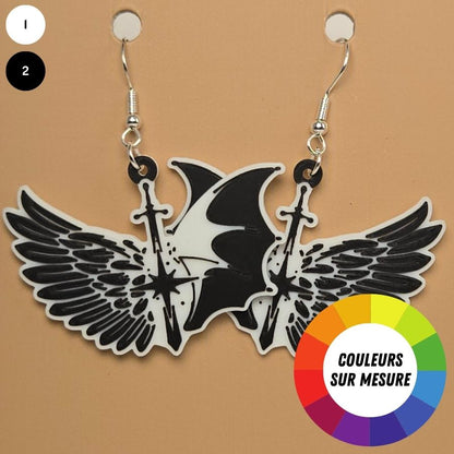 Boucle d'oreille en forme de Aile Ange et Demon avec crochets hypoallergéniques sans nickel