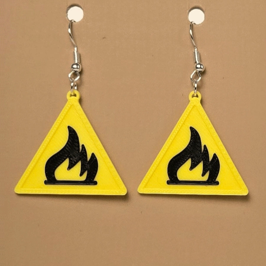 Boucle d'oreille en forme de Avertissement Flammable material avec crochets hypoallergéniques sans nickel