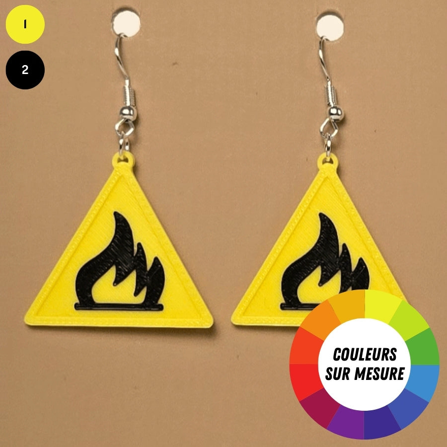 Boucle d'oreille en forme de Avertissement Flammable material avec crochets hypoallergéniques sans nickel