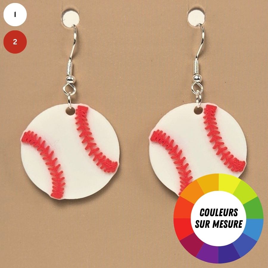 Boucle d'oreille en forme de Balle Baseball avec crochets hypoallergéniques sans nickel