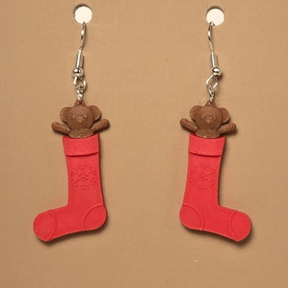 Boucle d'oreille en forme de Bas Noel avec ourson festive et crochets hypoallergéniques sans nickel