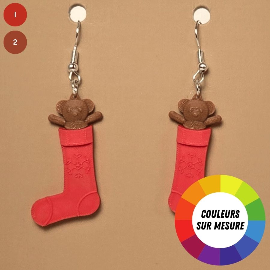 Boucle d'oreille en forme de Bas Noel avec ourson festive et crochets hypoallergéniques sans nickel