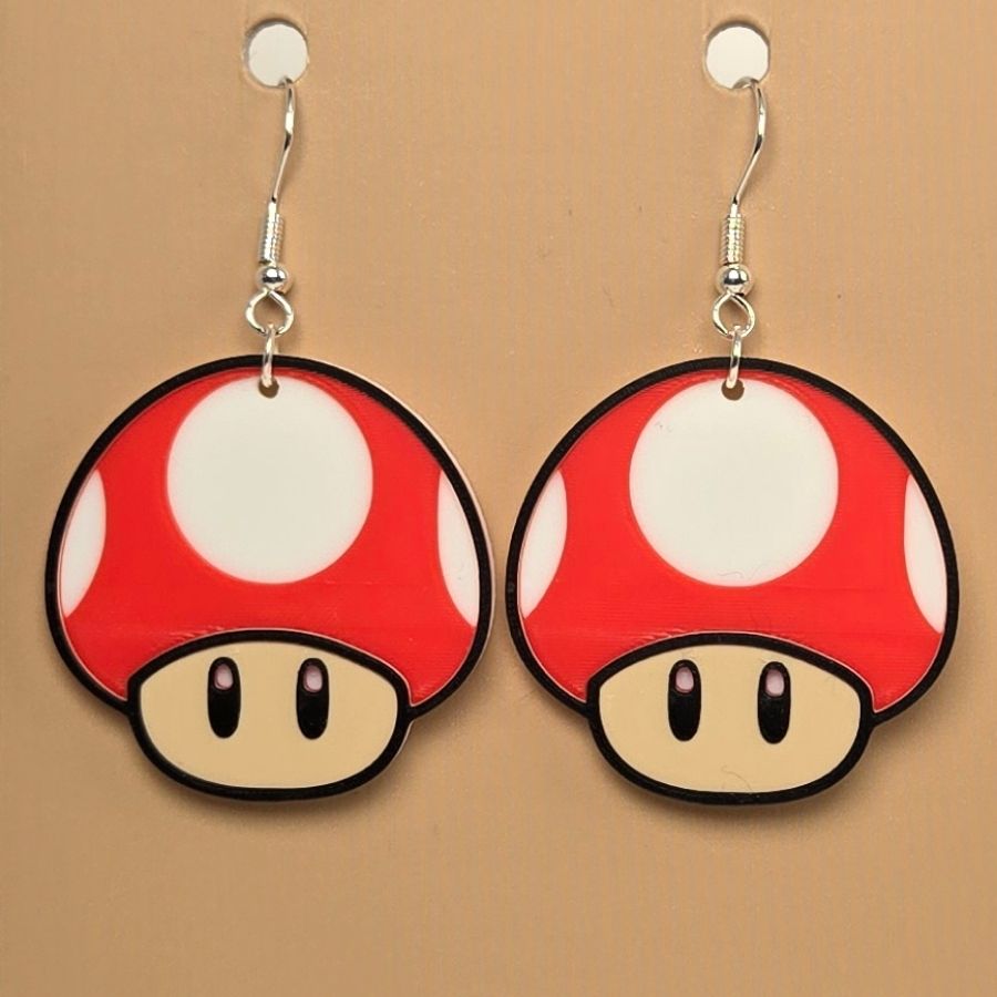 Boucle d'oreille en forme de Champignon inspiré de l’univers Nintendo avec crochets hypoallergéniques sans nickel