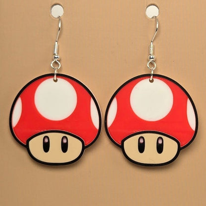 Boucle d'oreille en forme de Champignon inspiré de l’univers Nintendo avec crochets hypoallergéniques sans nickel