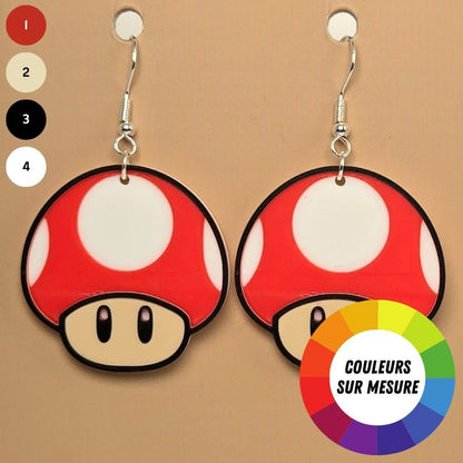 Boucle d'oreille en forme de Champignon inspiré de l’univers Nintendo avec crochets hypoallergéniques sans nickel
