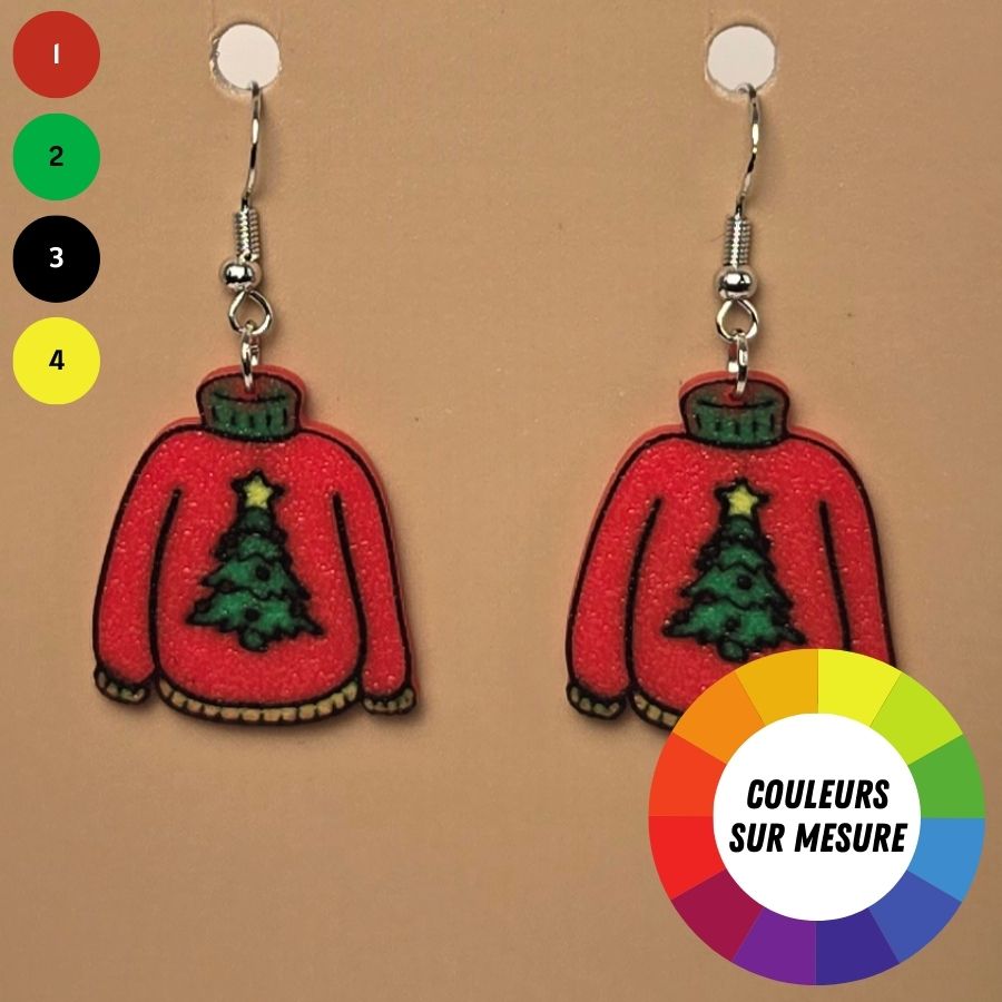 Boucle d'oreille en forme de Chandail Arbre Noël festive avec crochets hypoallergéniques sans nickel