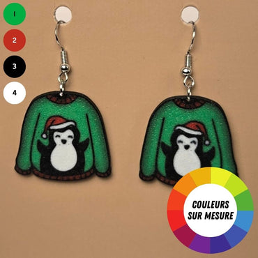 Boucle d'oreille en forme de Chandail Pingouin hivernale avec crochets hypoallergéniques sans nickel
