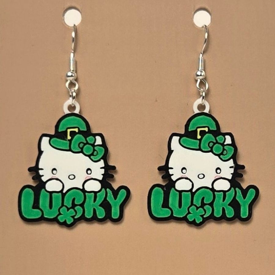 Boucle d'oreille en forme de Chat Lucky imprimée en 3D avec crochets hypoallergéniques sans nickel
