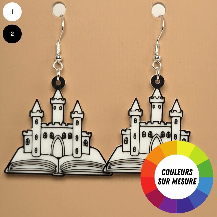 Boucle d'oreille en forme de Château et livre avec crochets hypoallergéniques sans nickel