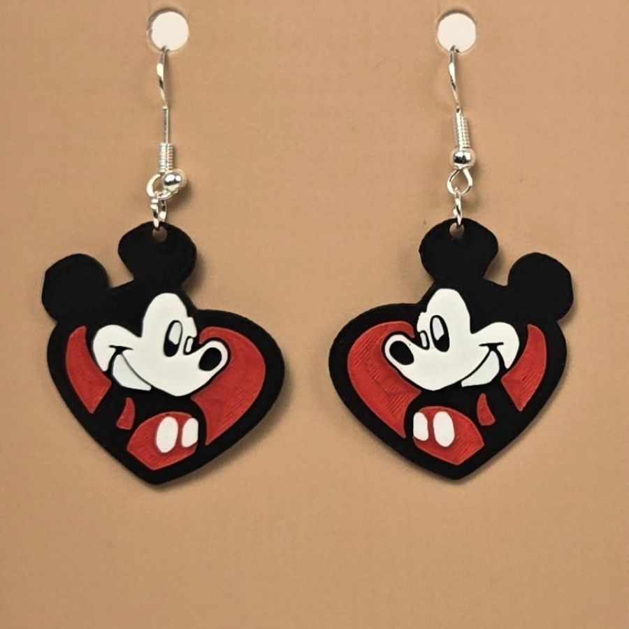 Boucle d'oreille en forme de Cœur Mickey imprimée en 3D avec crochets hypoallergéniques sans nickel