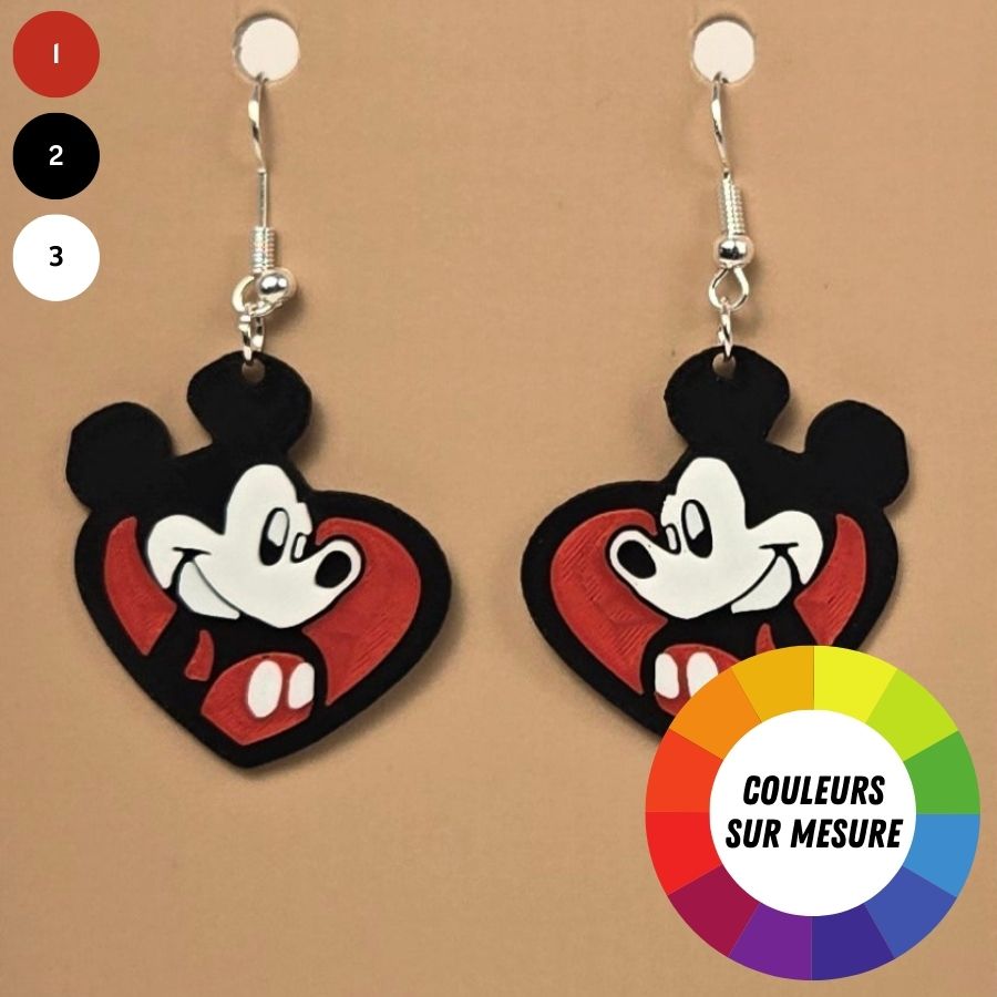 Boucle d'oreille en forme de Cœur Mickey imprimée en 3D avec crochets hypoallergéniques sans nickel