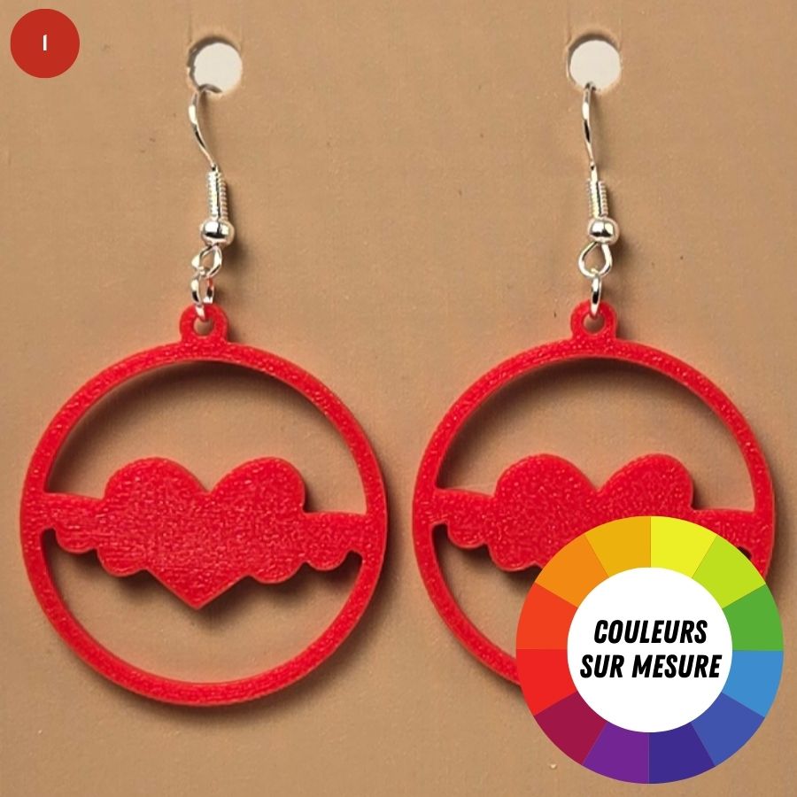 Boucle d'oreille en forme de Coeur imprimée en 3D avec crochets hypoallergéniques sans nickel