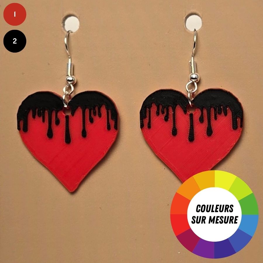 Boucle d'oreille en forme de Coeur imprimée en 3D avec crochets hypoallergéniques sans nickel