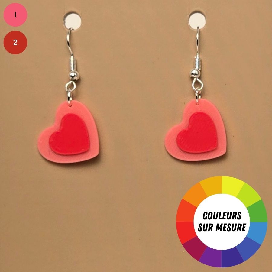 Boucle d'oreille en forme de Coeur imprimée en 3D avec crochets hypoallergéniques sans nickel