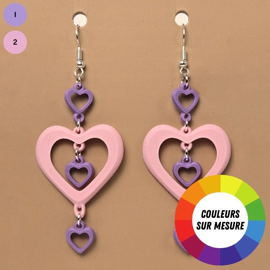 Boucle d'oreille en forme de Coeur imprimée en 3D avec crochets hypoallergéniques sans nickel