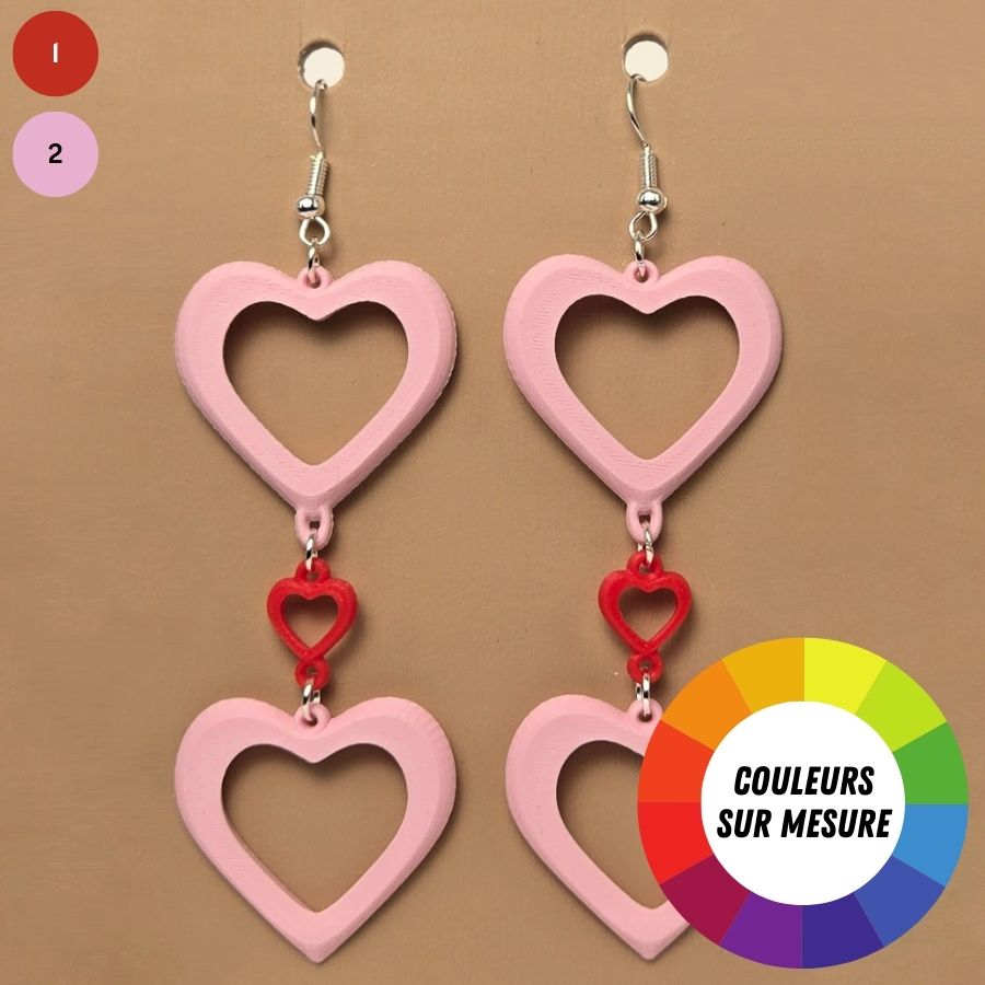 Boucle d'oreille en forme de Coeur imprimée en 3D avec crochets hypoallergéniques sans nickel
