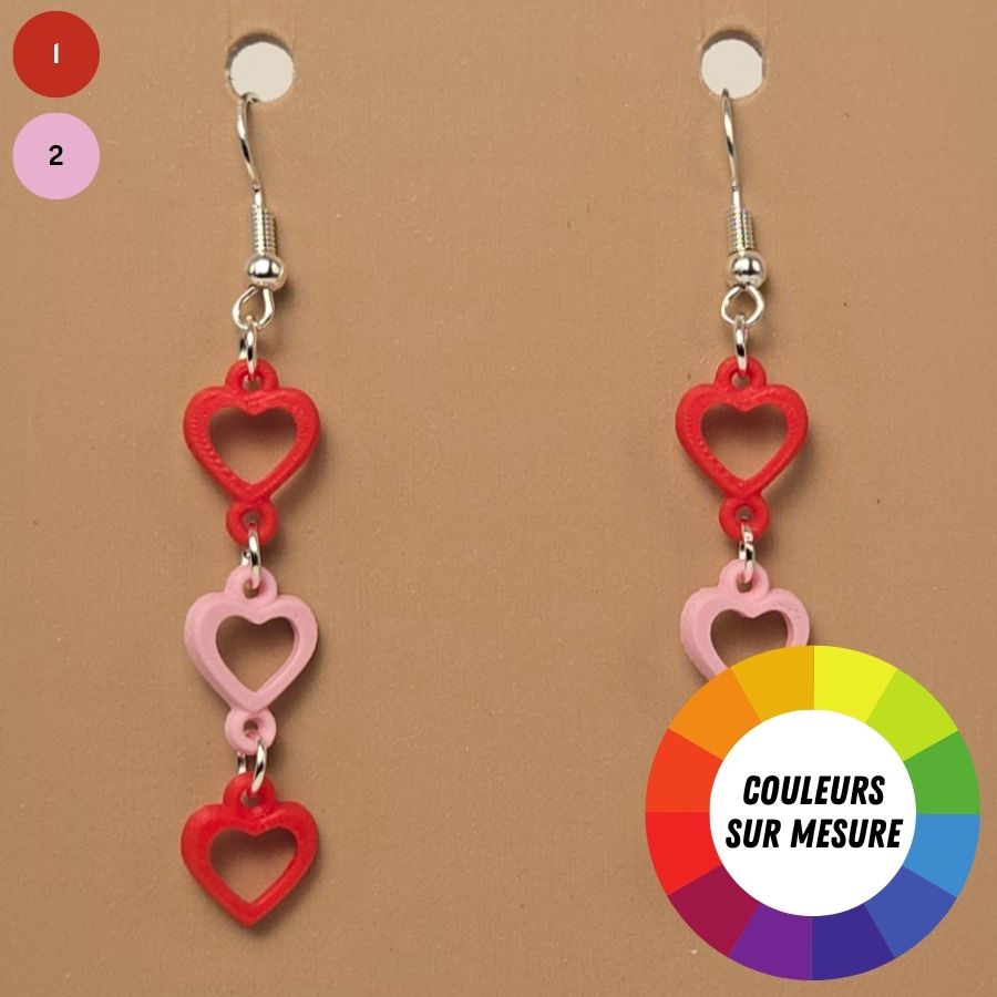 Boucle d'oreille en forme de Coeur imprimée en 3D avec crochets hypoallergéniques sans nickel