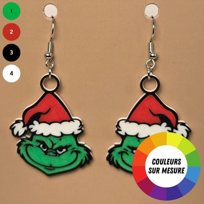Boucle d'oreille en forme de Grinch festive avec crochets hypoallergéniques sans nickel