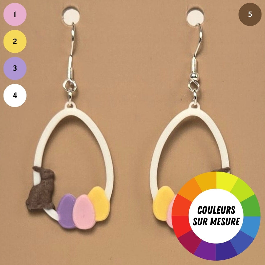 Boucle d'oreille en forme de Lapin et œuf avec crochets hypoallergéniques sans nickel
