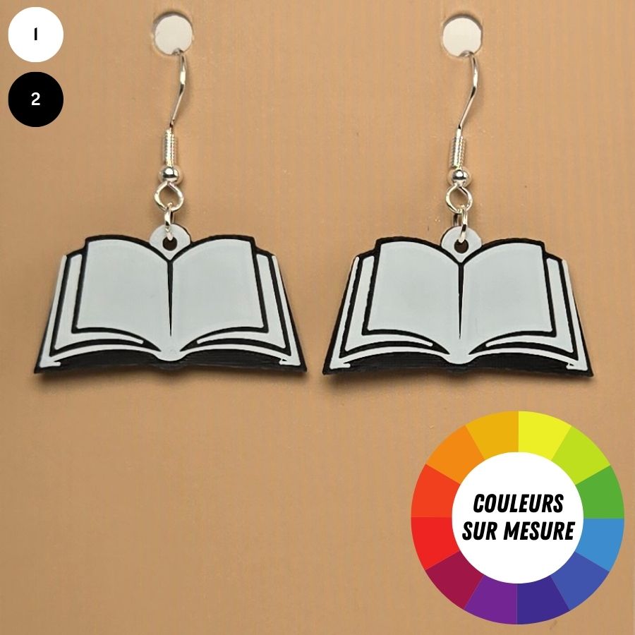 Boucle d'oreille en forme de Livre avec crochets hypoallergéniques sans nickel