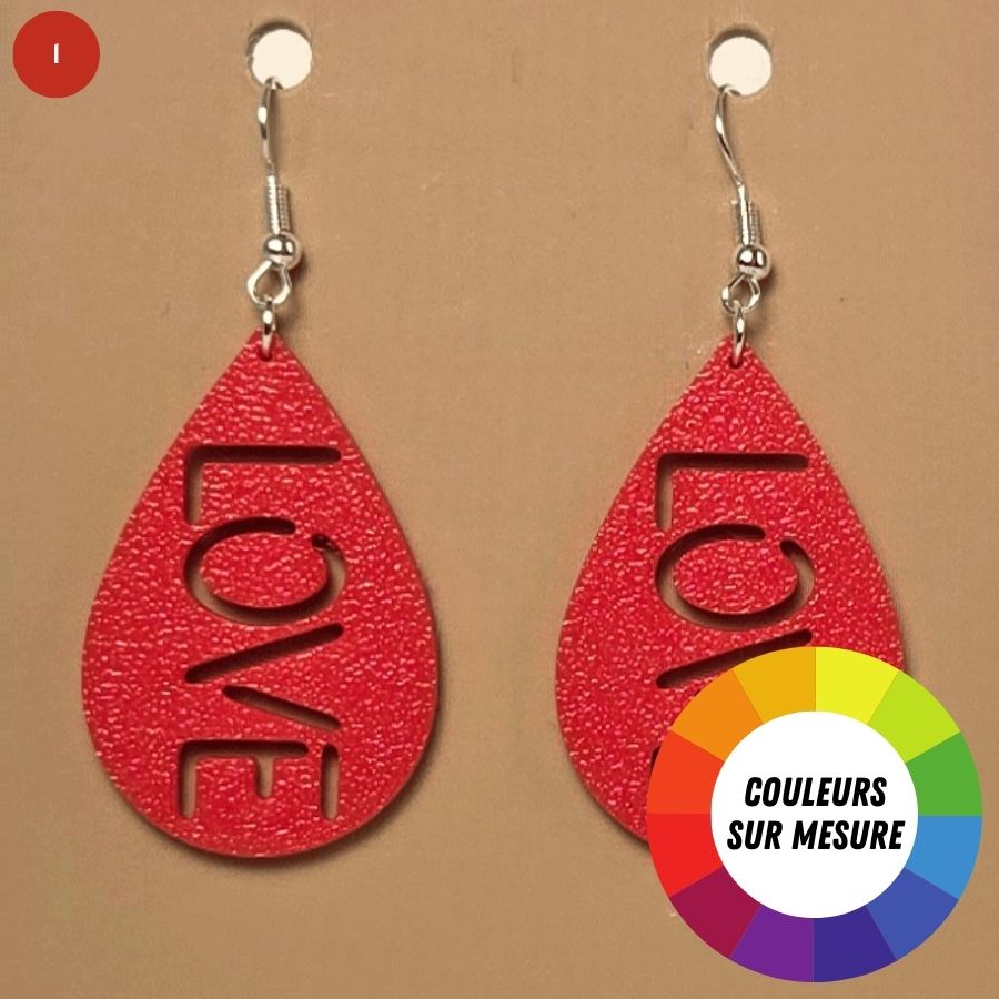 Boucle d'oreille en forme de Love imprimée en 3D avec crochets hypoallergéniques sans nickel