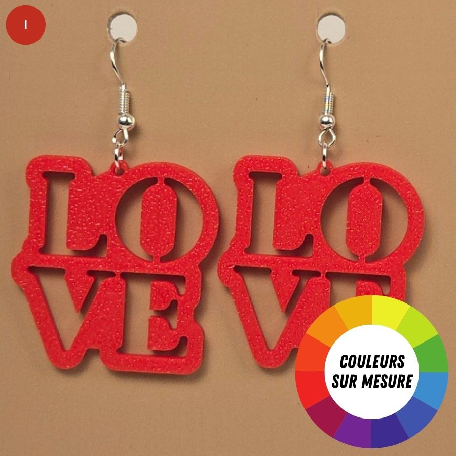 Boucle d'oreille en forme de Love imprimée en 3D avec crochets hypoallergéniques sans nickel