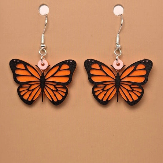 Boucle d'oreille en forme de Papillon Monarque avec crochets hypoallergéniques sans nickel