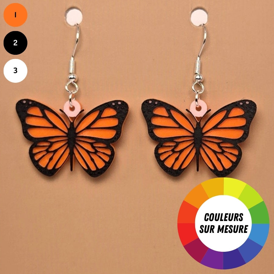 Boucle d'oreille en forme de Papillon Monarque avec crochets hypoallergéniques sans nickel