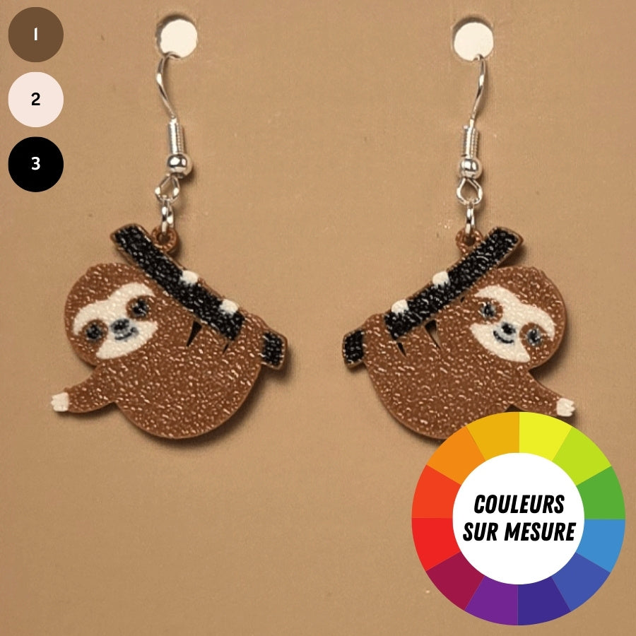Boucle d'oreille en forme de Paresseux avec crochets hypoallergéniques sans nickel