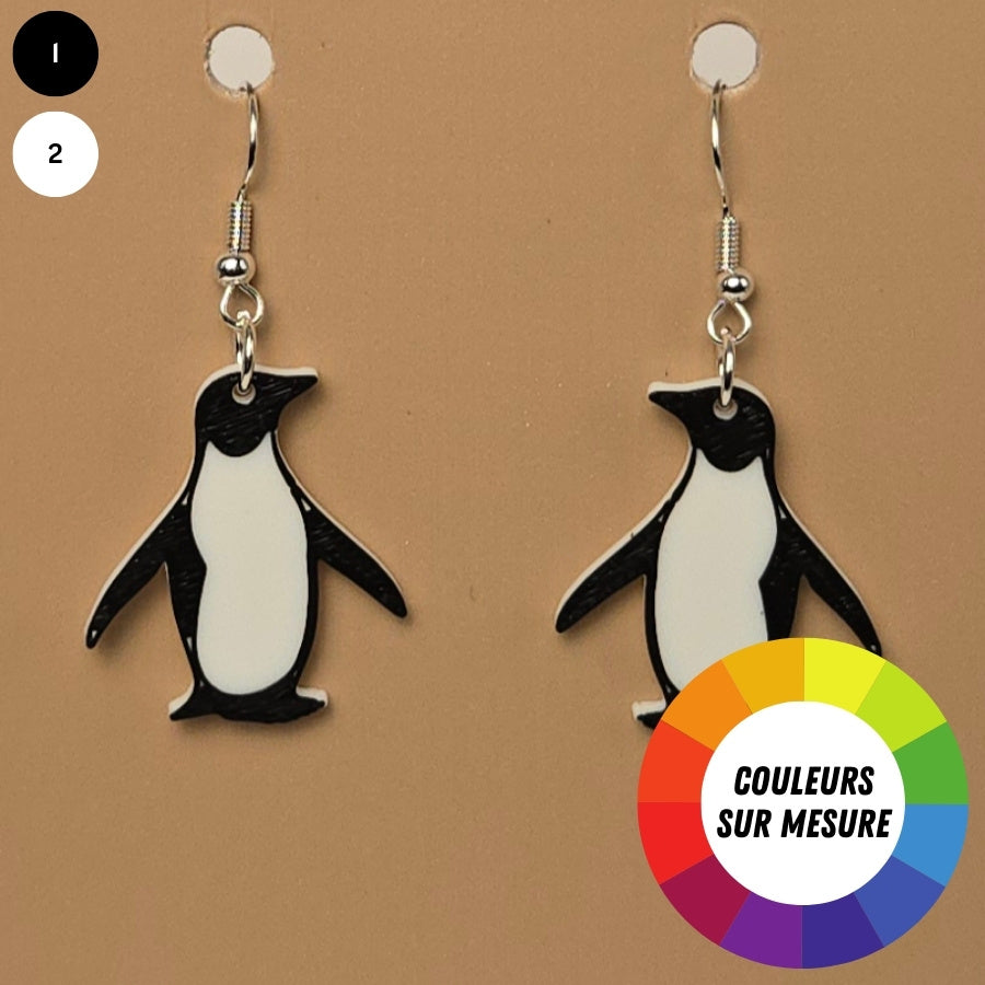 Boucle d'oreille en forme de Pingouin avec crochets hypoallergéniques sans nickel