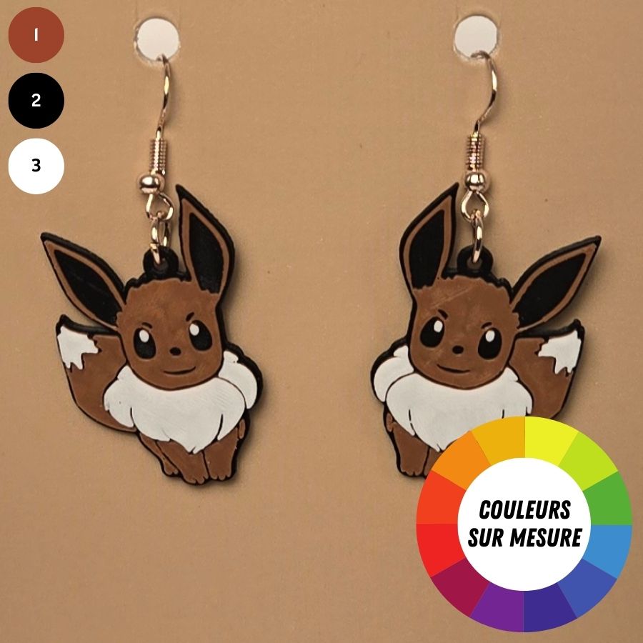 Boucle d'oreille en forme de Pokemon (Evee) avec crochets hypoallergéniques sans nickel