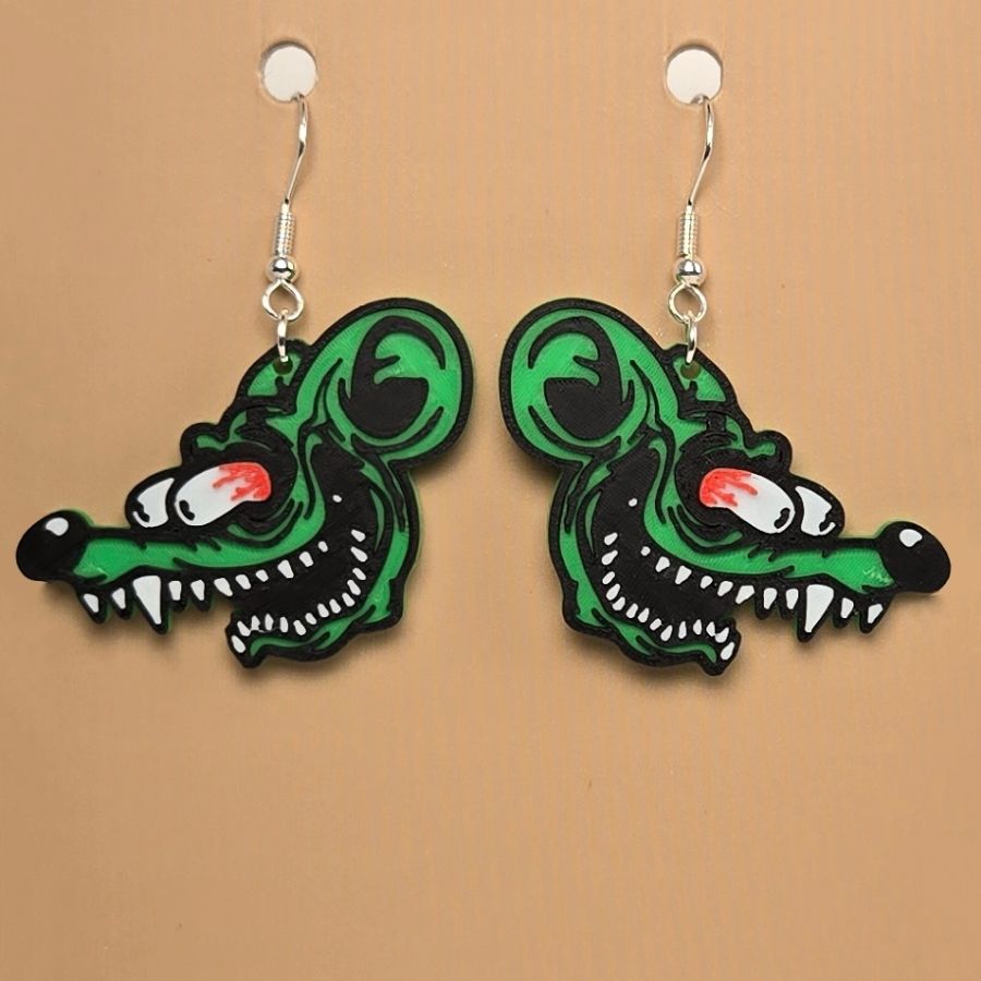 Boucle d'oreille en forme de Rat Fink avec crochets hypoallergéniques sans nickel