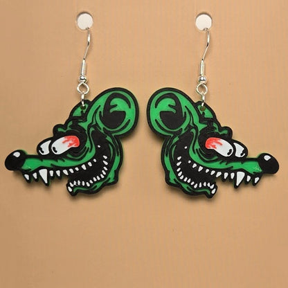 Boucle d'oreille en forme de Rat Fink avec crochets hypoallergéniques sans nickel