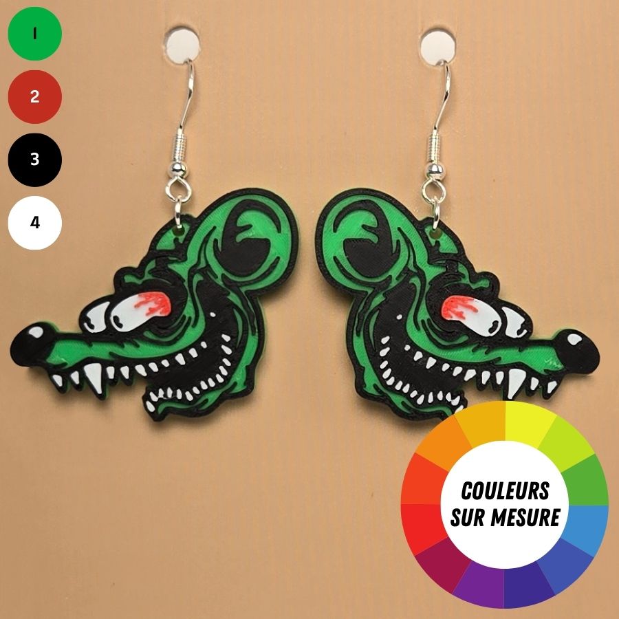 Boucle d'oreille en forme de Rat Fink avec crochets hypoallergéniques sans nickel