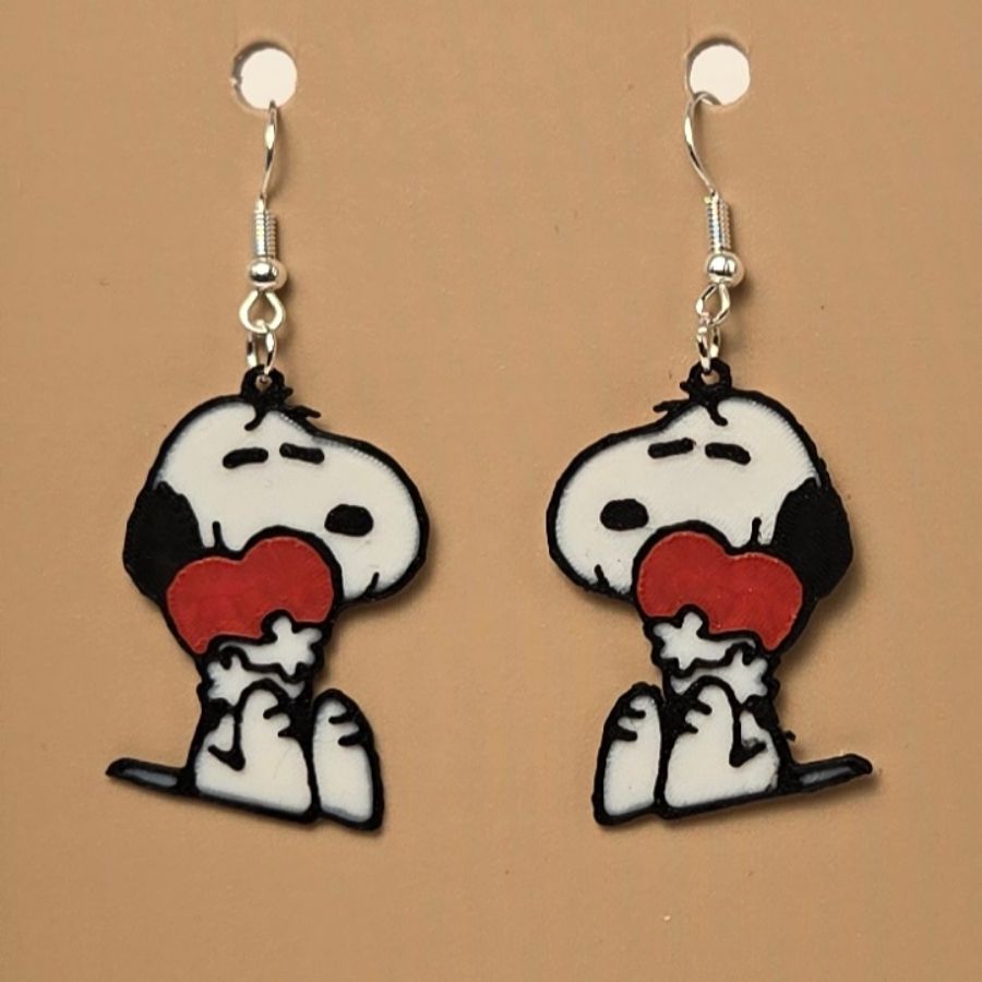 Boucle d'oreille en forme de Snoopy Cœur imprimée en 3D avec crochets hypoallergéniques sans nickel