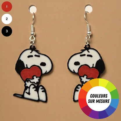 Boucle d'oreille en forme de Snoopy Cœur imprimée en 3D avec crochets hypoallergéniques sans nickel