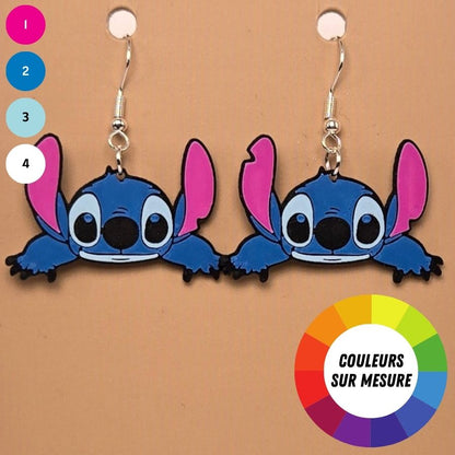 Boucle d'oreille en forme de Stitch avec crochets hypoallergéniques sans nickel