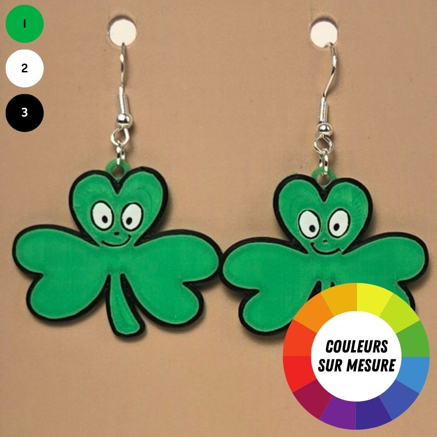 Boucle d'oreille en forme de trèfle 3 feuilles symbolique avec crochets hypoallergéniques sans nickel