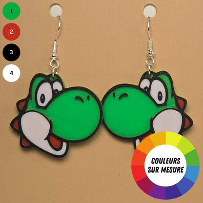 Boucle d'oreille en forme de Yoshi inspirée de l’univers Nintendo avec crochets hypoallergéniques sans nickel
