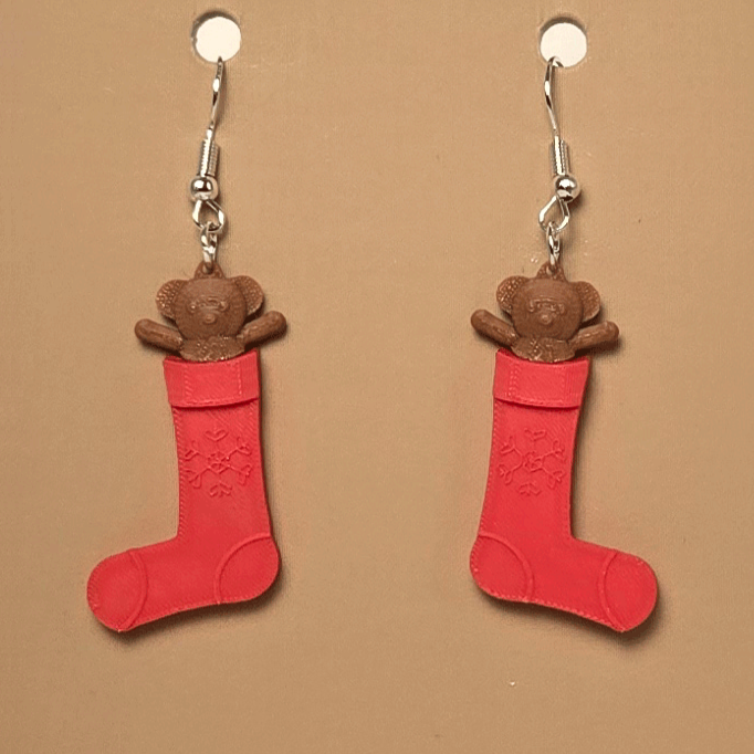 Boucle d'oreille en forme de Bas Noel (Ourson) - Hypoallergénique